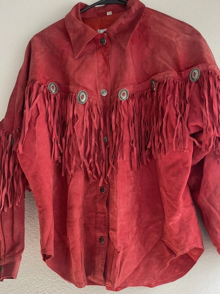 Vintage Scully Jacket Women’s Sz 12 Red Leather Western Fringe Studded Beaded